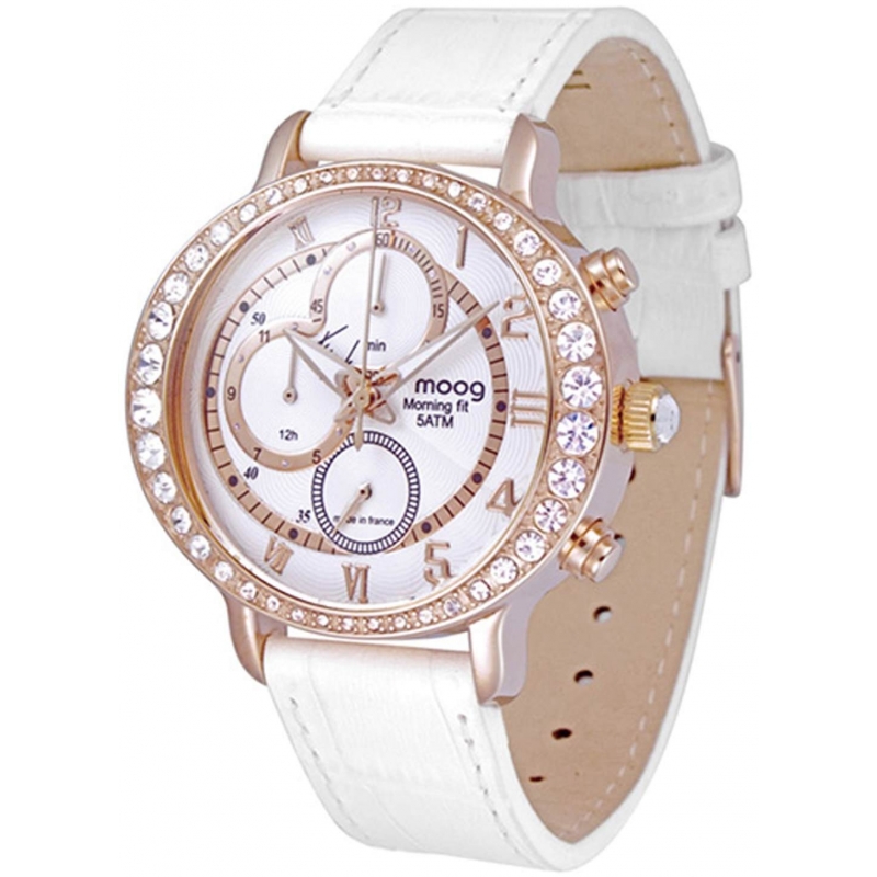 Moog Paris Morning Fit Women S Watch With White Dial White Genuine Leather Strap And Swarovski